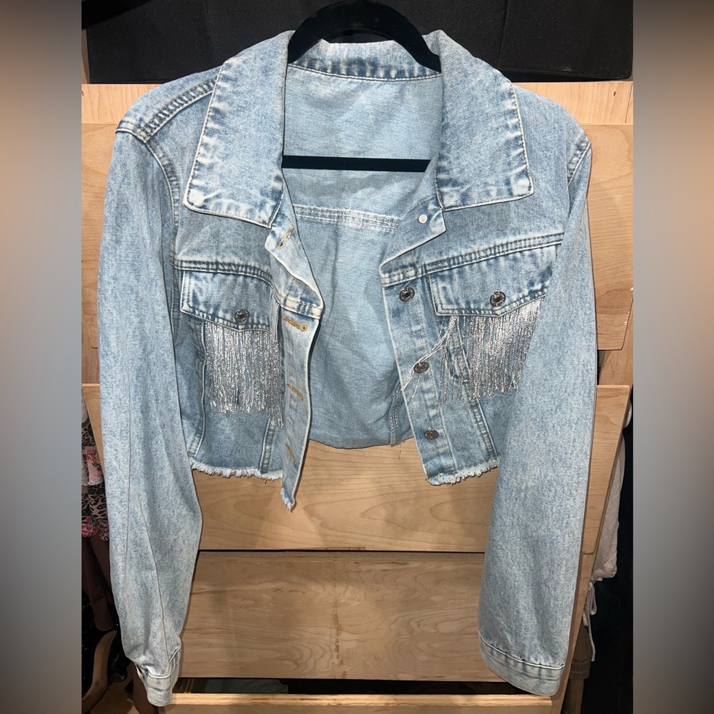 Crop Light Blue Denim Jacket with silver Fringe
